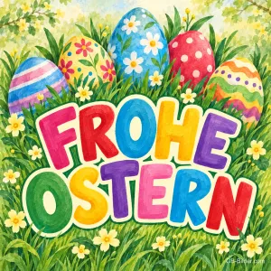 Bunte Ostereier auf einer Blumenwiese, Text: Frohe Ostern