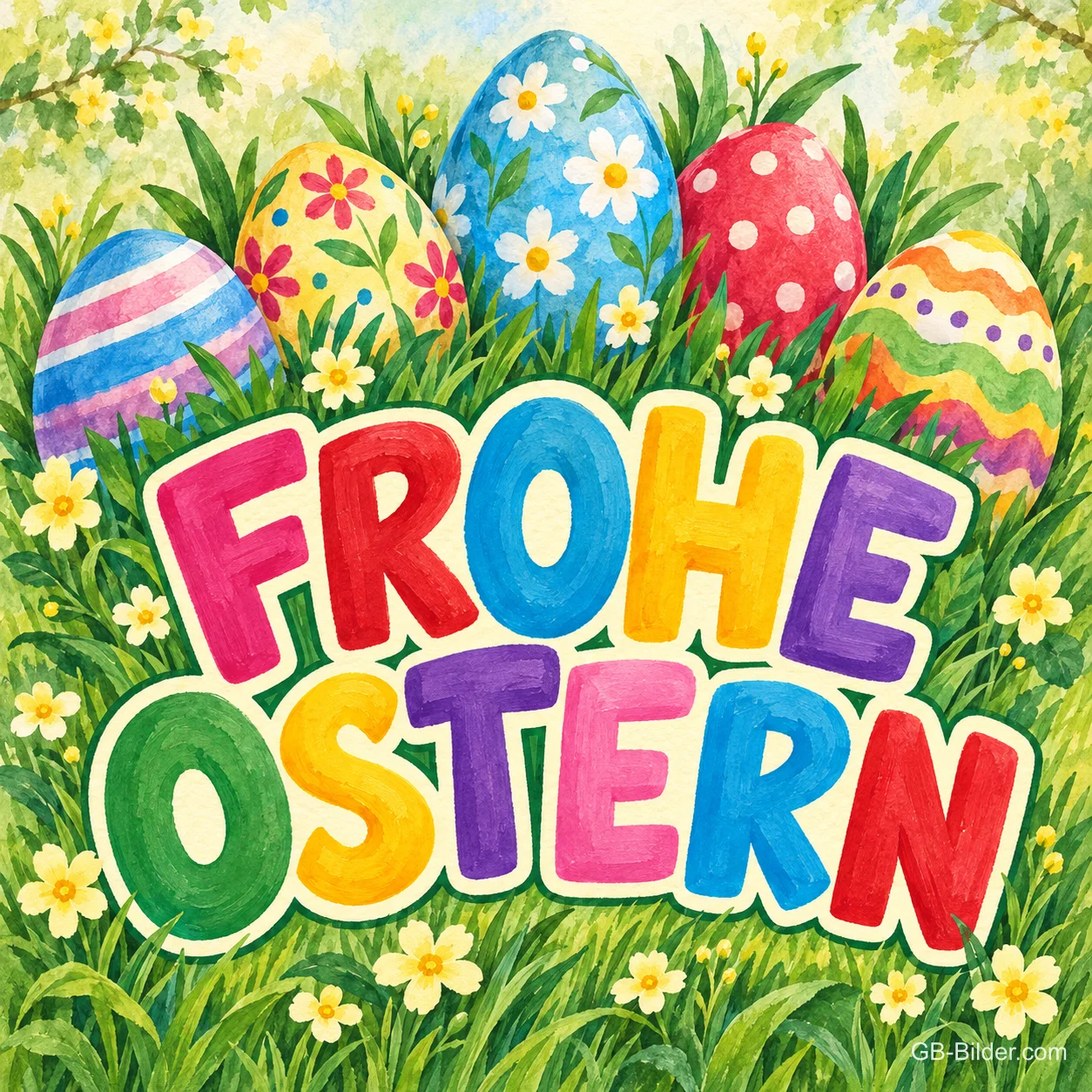 Bunte Ostereier auf einer Blumenwiese, Text: Frohe Ostern Bunte Ostereier auf einer Blumenwiese, Text: Frohe Ostern