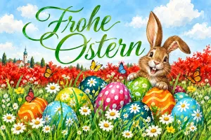 Lachender Hase schaut hinter bunten Ostereiern auf einer Mohnwiese hervor, Text: Frohe Ostern