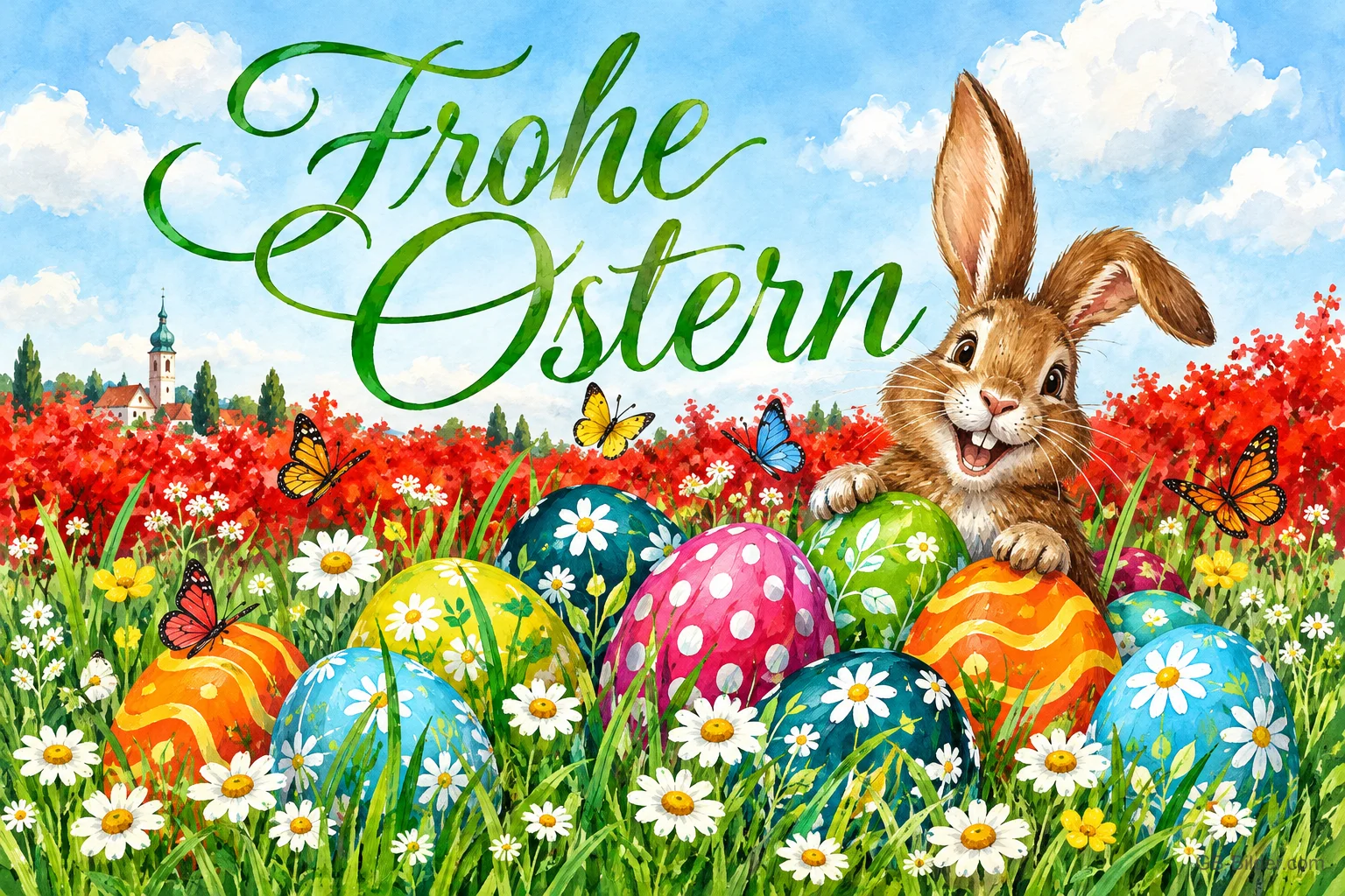 Lachender Hase schaut hinter bunten Ostereiern auf einer Mohnwiese hervor, Text: Frohe Ostern Lachender Hase schaut hinter bunten Ostereiern auf einer Mohnwiese hervor, Text: Frohe Ostern
