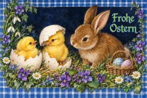Küken in Eierschalen und Hase zwischen Frühlingsblumen, Text: Frohe Ostern