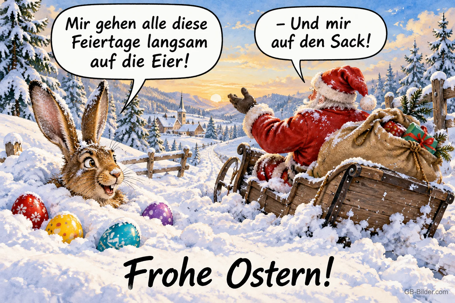 Hase mit Ostereiern und Weihnachtsmann mit Schlitten im Schnee, Text: Mir gehen alle diese Feiertage langsam auf die Eier! – Und mir auf den Sack! Frohe Ostern! Hase mit Ostereiern und Weihnachtsmann mit Schlitten im Schnee, Text: Mir gehen alle diese Feiertage langsam auf die Eier! – Und mir auf den Sack! Frohe Ostern!