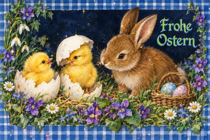 Küken in Eierschalen und Hase zwischen Frühlingsblumen, Text: Frohe Ostern