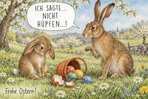 Hasen mit zerbrochenen Eiern, lustiger Osterspruch, Text: Ich sagte