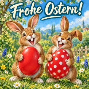 Zwei lachende Hasen halten rote Ostereier auf der Wiese, Text: Frohe Ostern!