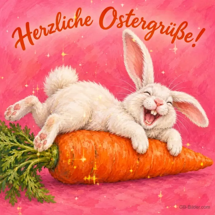 Weißer Hase liegt lachend auf einer großen Karotte, Text: Herzliche Ostergrüße!