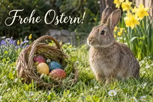 Hase neben Osterkorb zwischen Narzissen, Text: Frohe Ostern!