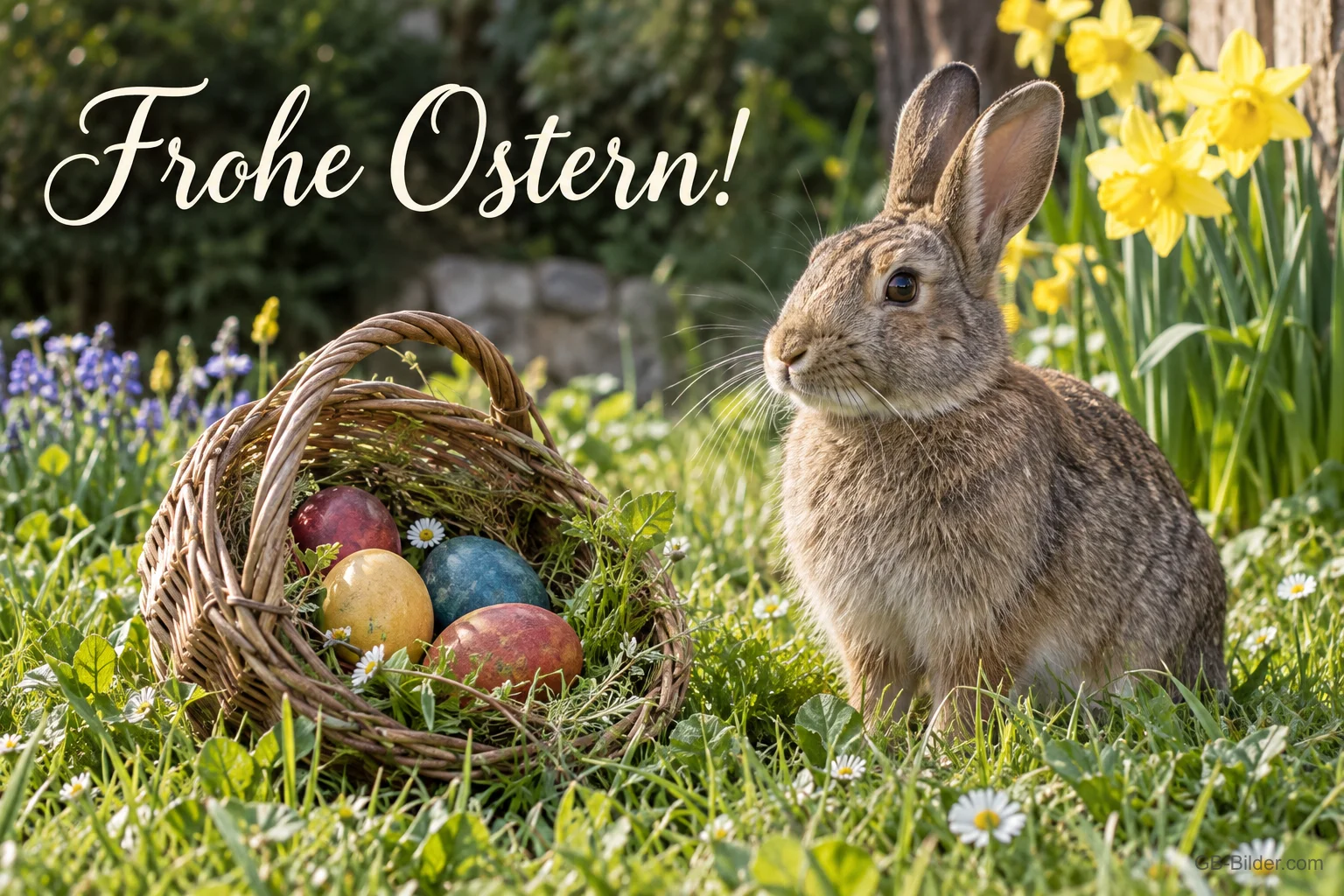 Hase neben Osterkorb zwischen Narzissen, Text: Frohe Ostern! Hase neben Osterkorb zwischen Narzissen, Text: Frohe Ostern!
