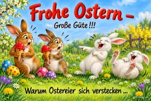 Zwei Hasen erschrecken, zwei weiße Hasen lachen sich kaputt, Text: Frohe Ostern – Große Güte!!! Warum Ostereier sich verstecken ...