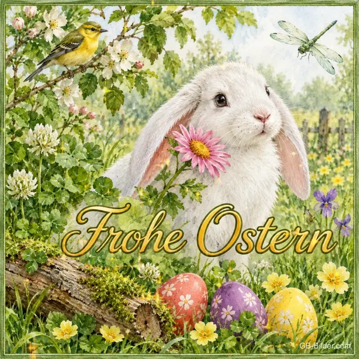 Kaninchen mit Blume zwischen Ostereiern, Text: Frohe Ostern