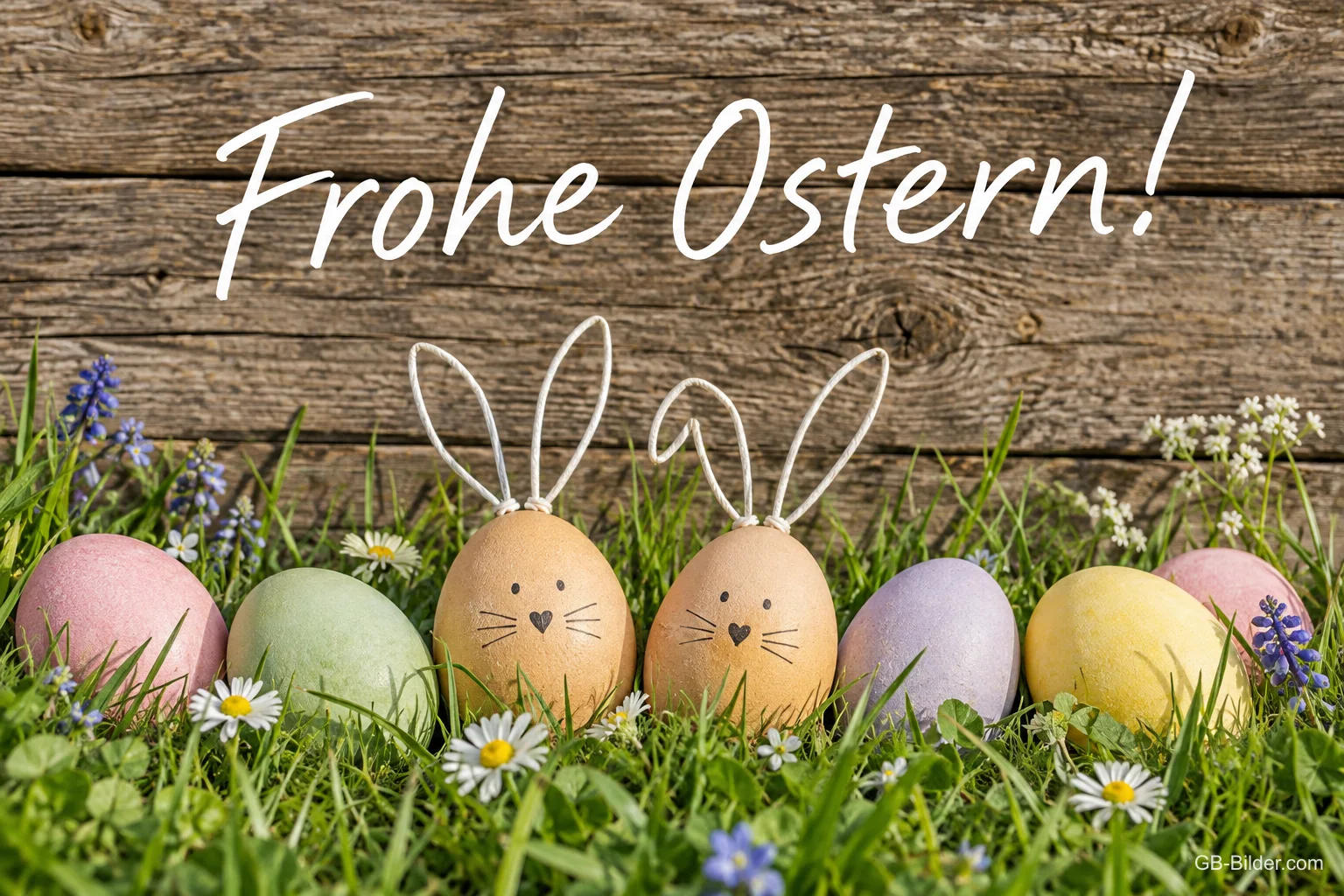 Ostereier mit Hasenohren, Text: Frohe Ostern Ostereier mit Hasenohren, Text: Frohe Ostern
