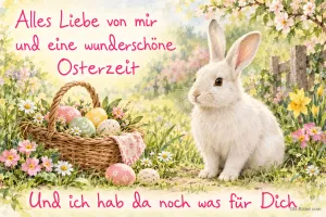 Weißes Kaninchen neben einem Osterkorb, Text: Alles Liebe von mir und eine wunderschöne Osterzeit