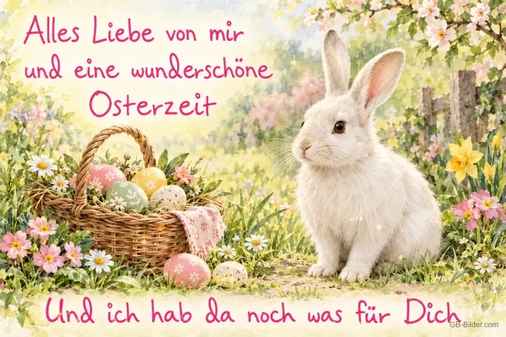 Weißes Kaninchen neben einem Osterkorb, Text: Alles Liebe von mir und eine wunderschöne Osterzeit Weißes Kaninchen neben einem Osterkorb, Text: Alles Liebe von mir und eine wunderschöne Osterzeit