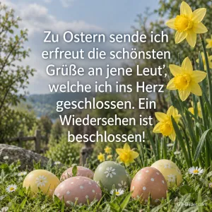 Ostereier zwischen Narzissen, Gedicht: Zu Ostern sende ich erfreut die schönsten Grüße