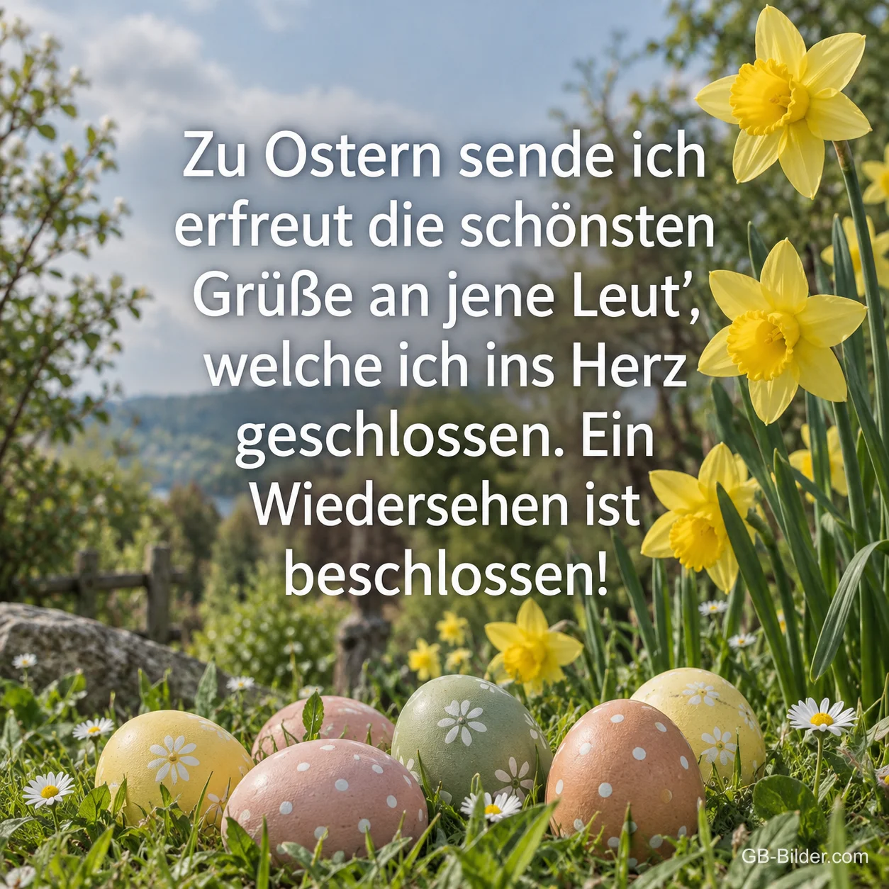 Ostereier zwischen Narzissen, Gedicht: Zu Ostern sende ich erfreut die schönsten Grüße