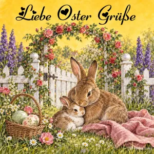 Häsin mit Jungem vor Rosenbogen und Osterkorb, Text: Liebe Ostergrüße