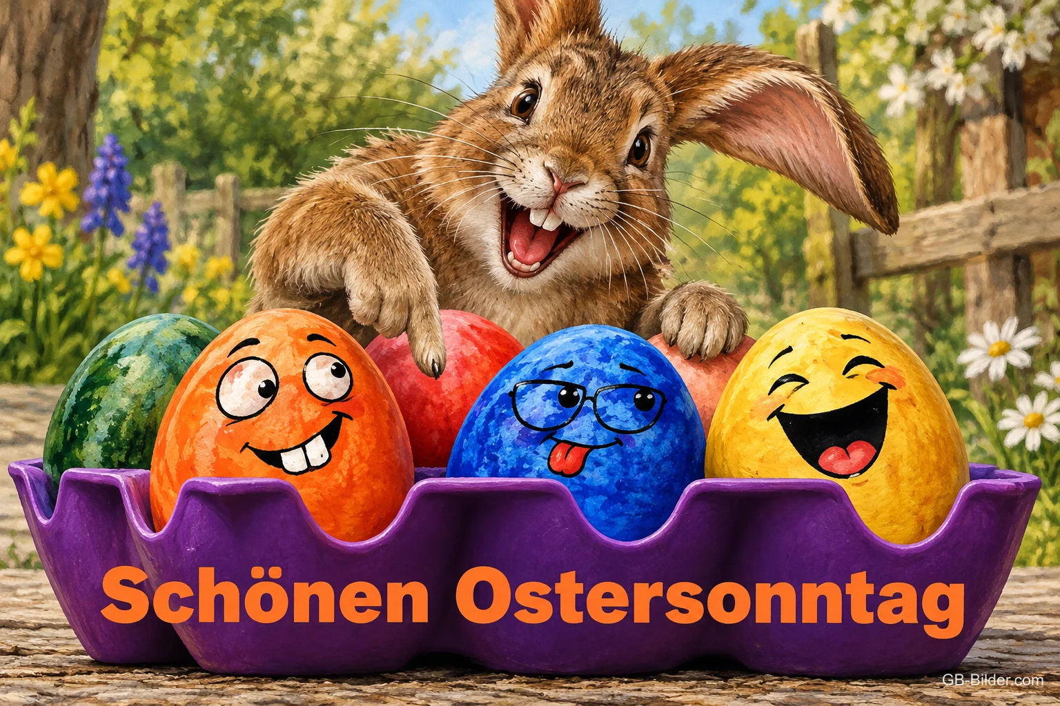 Hase schaut grinsend auf lachende bunte Ostereier im Eierkarton, Text: Schönen Ostersonntag Hase schaut grinsend auf lachende bunte Ostereier im Eierkarton, Text: Schönen Ostersonntag