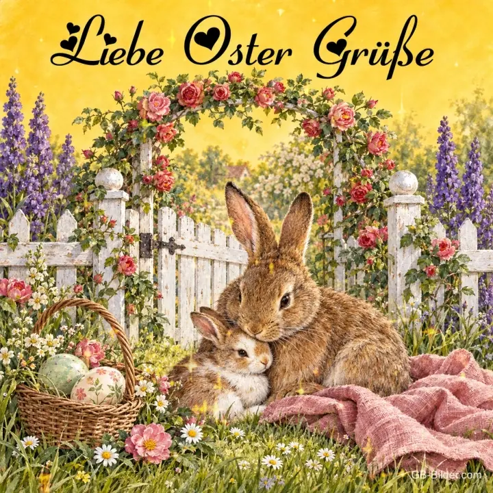 Häsin mit Jungem vor Rosenbogen und Osterkorb, Text: Liebe Ostergrüße Häsin mit Jungem vor Rosenbogen und Osterkorb, Text: Liebe Ostergrüße