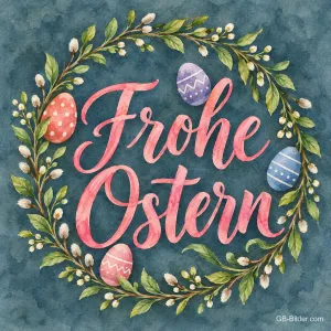 Kranz aus Weidenkätzchen und Ostereiern, Text: Frohe Ostern