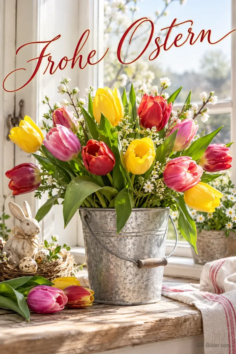 Tulpen im Zinkeimer, Text: Frohe Ostern