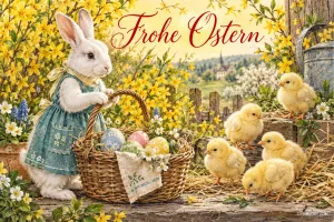 Häsin im Kleid mit Osterkorb und Küken, Text: Frohe Ostern