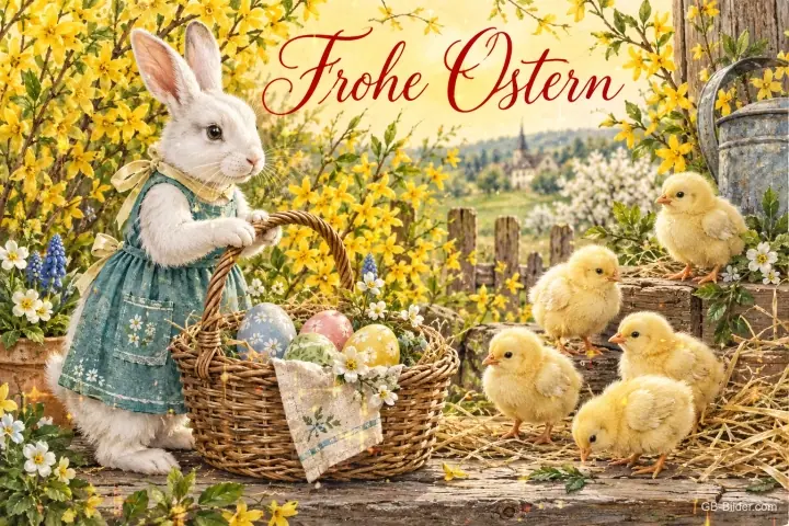 Häsin im Kleid mit Osterkorb und Küken, Text: Frohe Ostern Häsin im Kleid mit Osterkorb und Küken, Text: Frohe Ostern