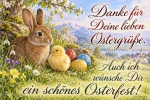 Hase und Küken mit Ostereiern, Text: Danke für Deine lieben Ostergrüße