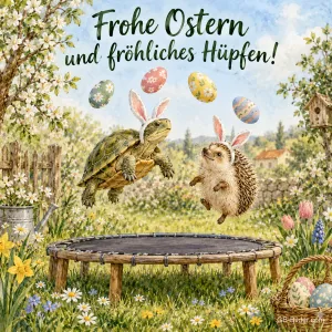 Schildkröte und Igel mit Hasenohren auf dem Trampolin, Text: Frohe Ostern und fröhliches Hüpfen!