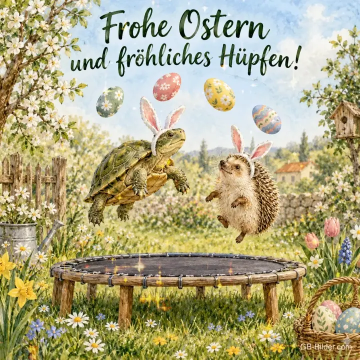 Schildkröte und Igel mit Hasenohren auf dem Trampolin, Text: Frohe Ostern und fröhliches Hüpfen!