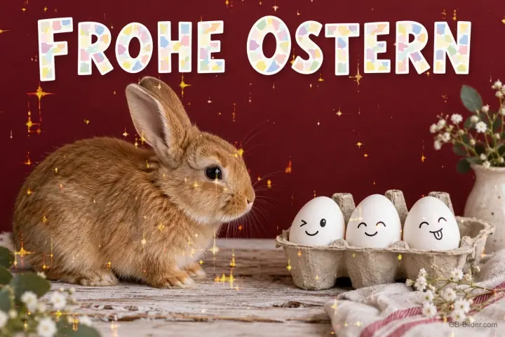 Kaninchen mit lustigen Eiern, Text: Frohe Ostern