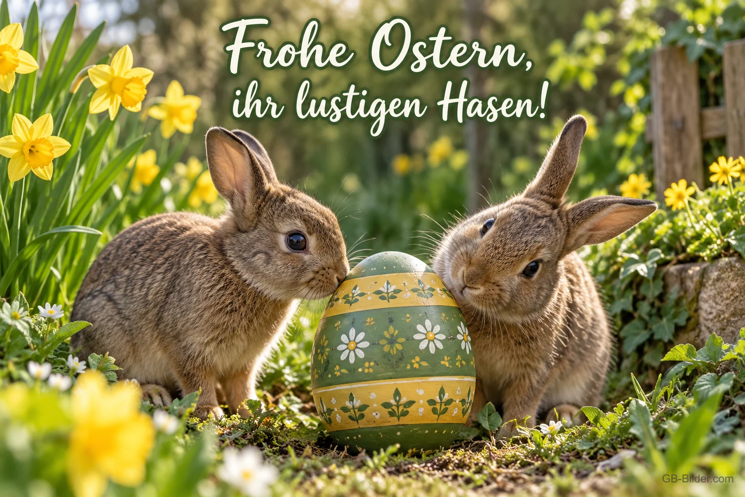 Zwei Hasen mit Osterei, Text: Frohe Ostern, ihr lustigen Hasen