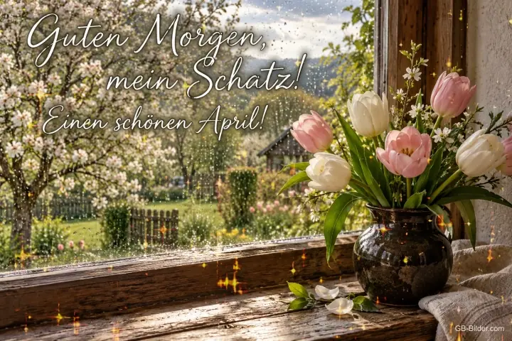 Tulpen am Fenster, Text: Guten Morgen, mein Schatz