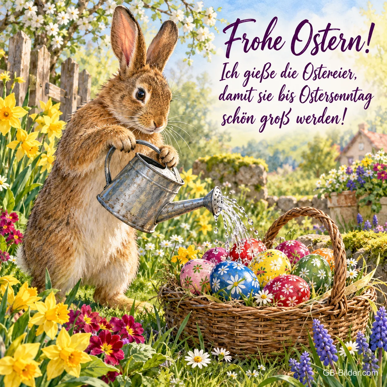 Hase gießt einen Korb mit Ostereiern mit einer Gießkanne, Text: Frohe Ostern! Ich gieße die Ostereier, damit sie bis Ostersonntag schön groß werden! Hase gießt einen Korb mit Ostereiern mit einer Gießkanne, Text: Frohe Ostern! Ich gieße die Ostereier, damit sie bis Ostersonntag schön groß werden!
