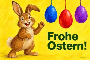 Brauner Hase winkt unter blauen, roten und lila Ostereiern auf Gelb, Text: Frohe Ostern!