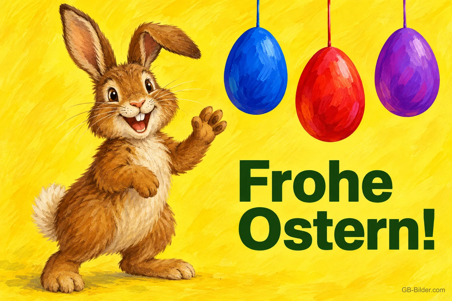 Brauner Hase winkt unter blauen, roten und lila Ostereiern auf Gelb, Text: Frohe Ostern! Brauner Hase winkt unter blauen, roten und lila Ostereiern auf Gelb, Text: Frohe Ostern!