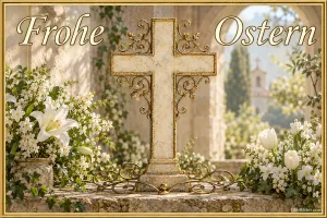 Steinkreuz mit weißen Lilien, Text: Frohe Ostern
