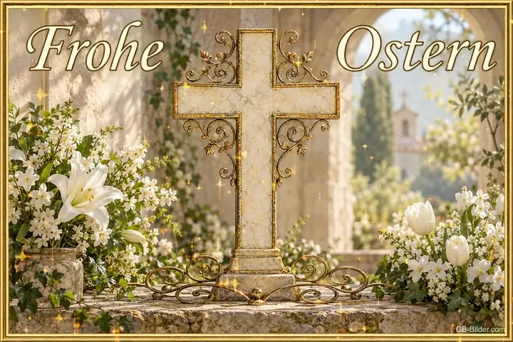 Steinkreuz mit weißen Lilien, Text: Frohe Ostern Steinkreuz mit weißen Lilien, Text: Frohe Ostern