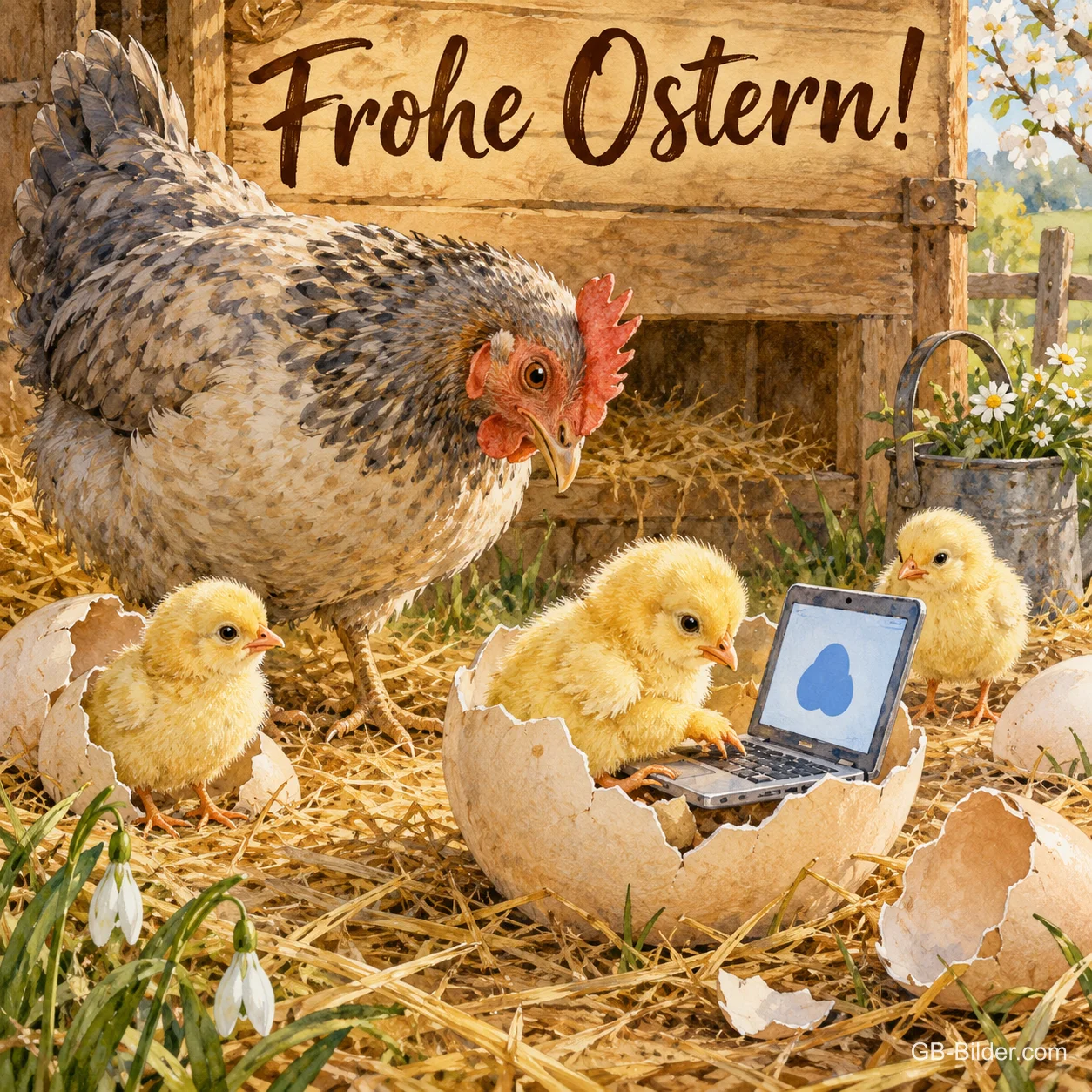 Küken mit Laptop in der Eierschale, lustiger Ostergruß, Text: Frohe Ostern