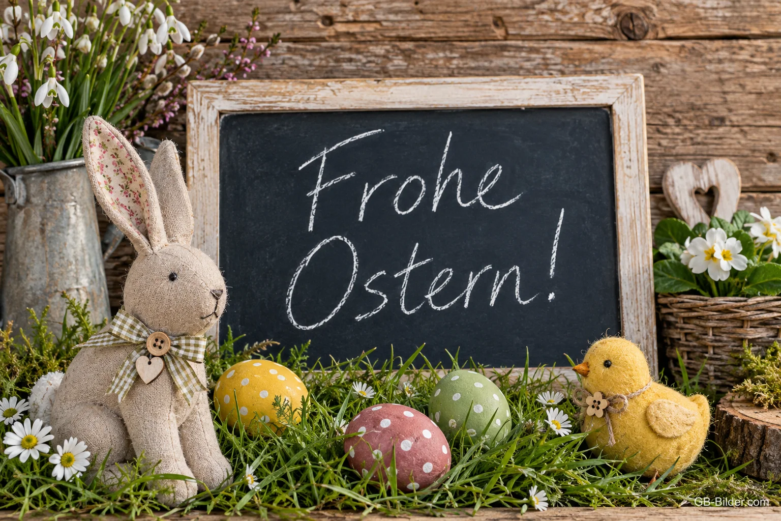Stoffhase vor der Kreidetafel, Text: Frohe Ostern Stoffhase vor der Kreidetafel, Text: Frohe Ostern