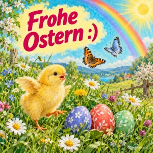 Küken zwischen bunten Ostereiern unter einem Regenbogen, Text: Frohe Ostern :)