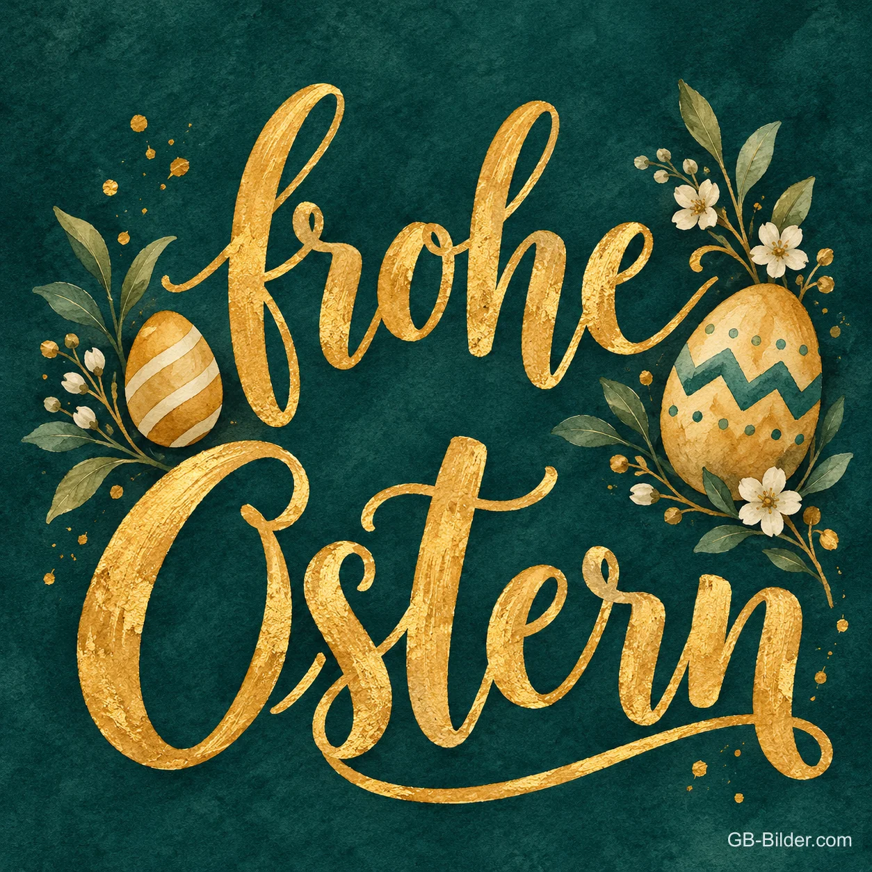 Goldene Schrift auf Dunkelgrün mit Ostereiern, Text: Frohe Ostern Goldene Schrift auf Dunkelgrün mit Ostereiern, Text: Frohe Ostern
