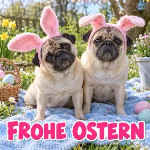 Möpse mit Hasenohren, Text: FROHE OSTERN