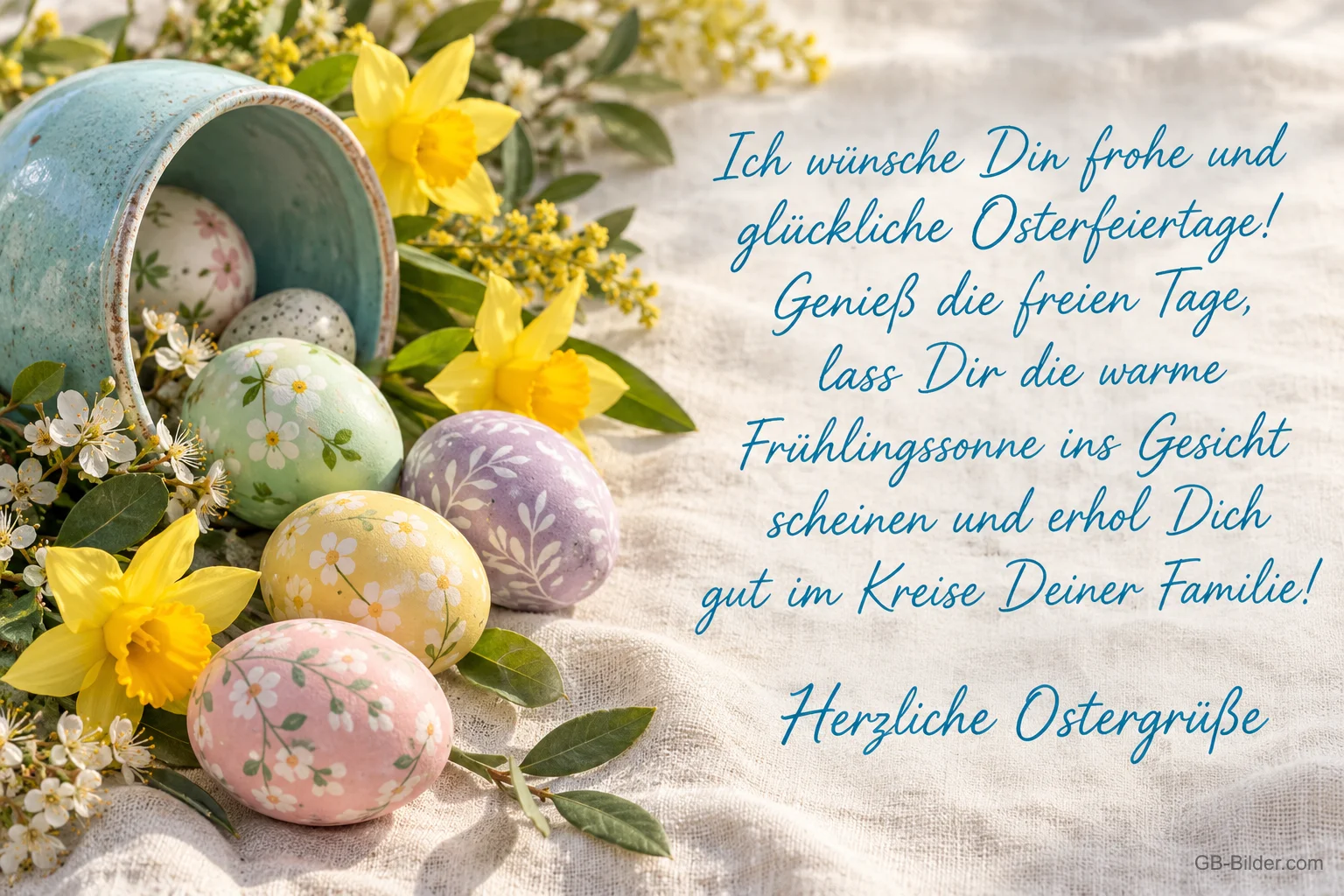 Ostereier und Narzissen auf Leinen, Text: Ich wünsche Dir frohe und glückliche Osterfeiertage! Ostereier und Narzissen auf Leinen, Text: Ich wünsche Dir frohe und glückliche Osterfeiertage!
