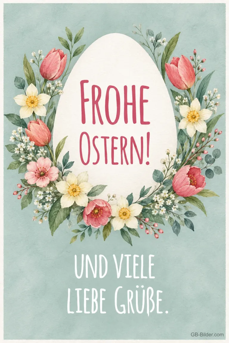 Osterei mit Blumenkranz, Text: FROHE OSTERN