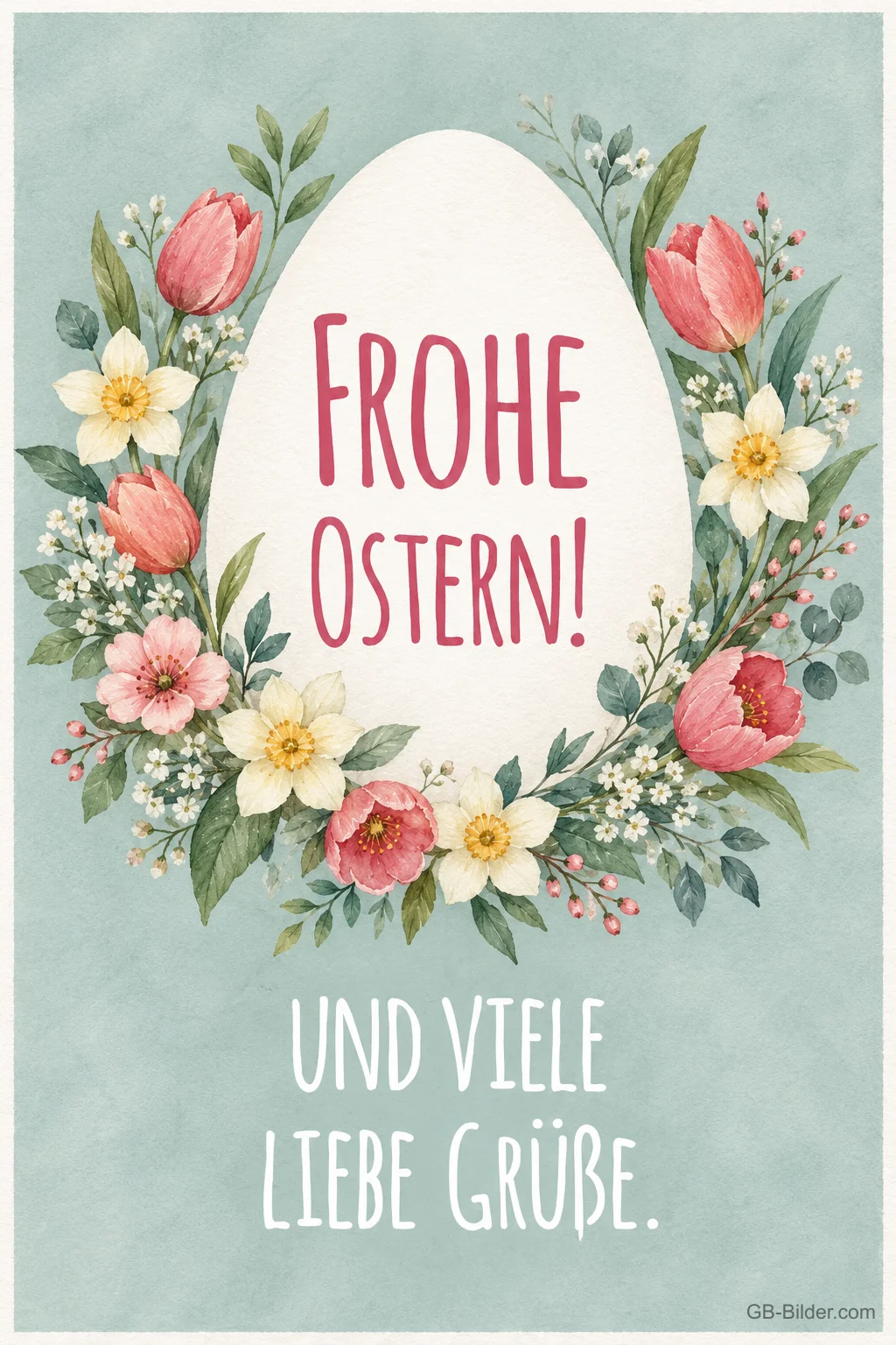 Osterei mit Blumenkranz, Text: FROHE OSTERN Osterei mit Blumenkranz, Text: FROHE OSTERN