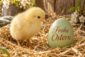 Küken mit Osterei, Text: Frohe Ostern