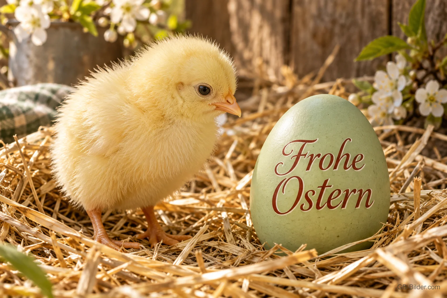 Küken mit Osterei, Text: Frohe Ostern Küken mit Osterei, Text: Frohe Ostern