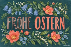 Blumenranken auf Dunkelgrün, Text: Frohe Ostern