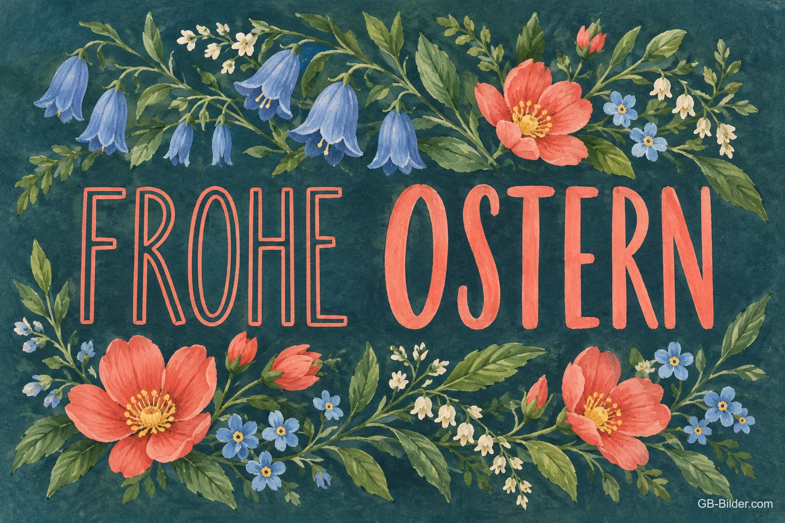 Blumenranken auf Dunkelgrün, Text: Frohe Ostern
