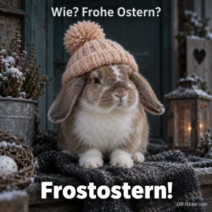 Kaninchen mit Strickmütze, lustiger Osterspruch, Text: Wie
